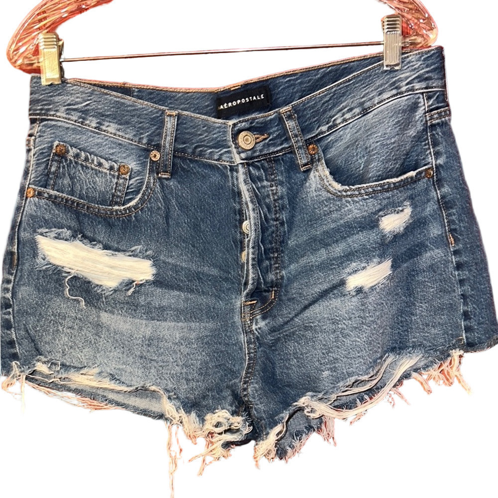 Aeropostale Boyfriend Blue Jean Shorts with Distressed Frayed Hem 10